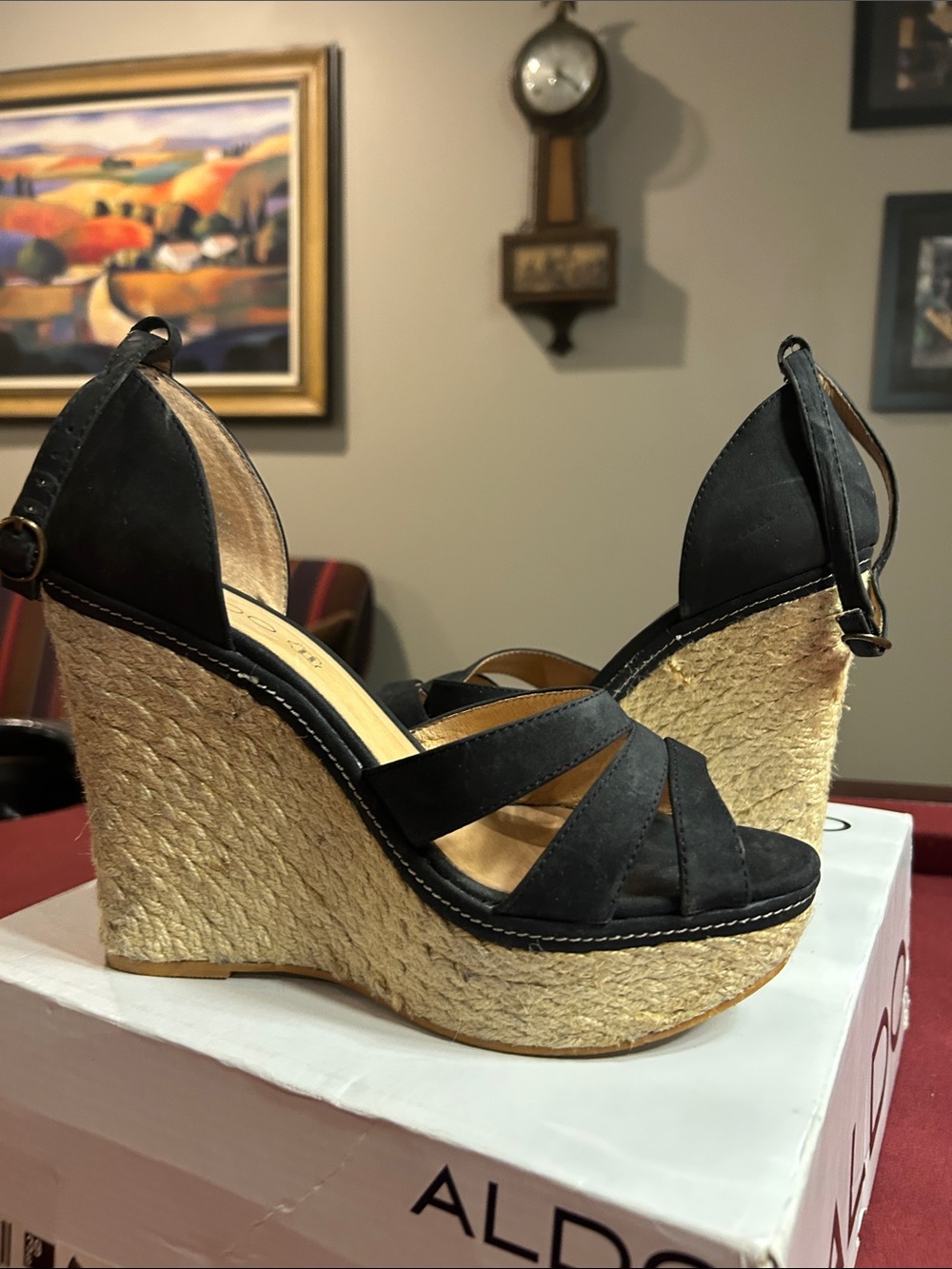 ALDO Black Espadrille Rope Wedge Sandals with Ankle Strap